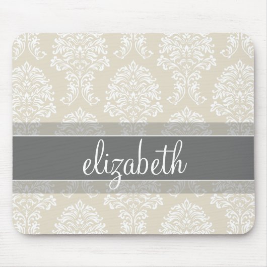 Grijs en Ivoor  Damast Patroon met Naam Muismat (Voorkant)