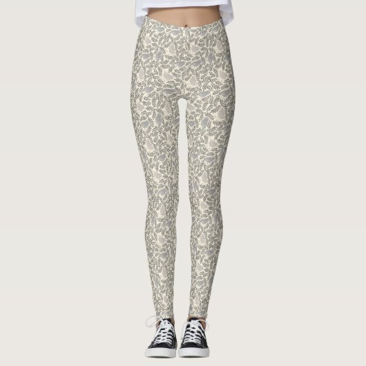 Grijs en ivoor vogelmotief leggings (Voorkant)