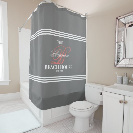 Grijs en koraal Initiaal Witte strepen Gebied Bath Douchegordijn (In situ)