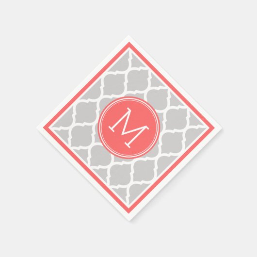 Grijs en koraal quatrefoil bruiloft monogram servet (Hoek)