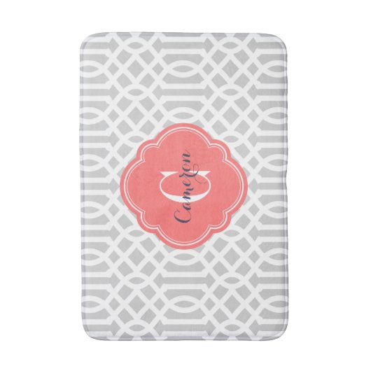 Grijs en koraal Trellis Monogram Badmat (Voorkant Verticaal)