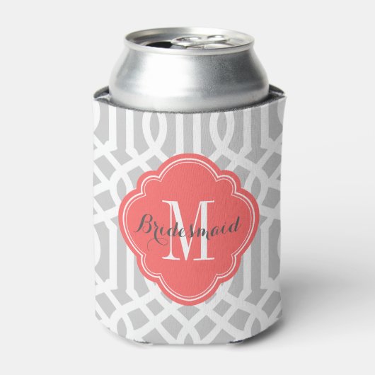 Grijs en koraal Trellis Monogram Blikjeskoeler (Blikje Voorkant)