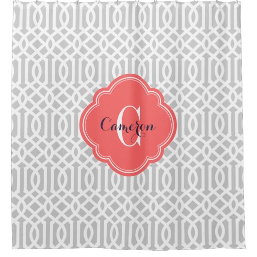 Grijs en koraal Trellis Monogram Douchegordijn (Voorkant)