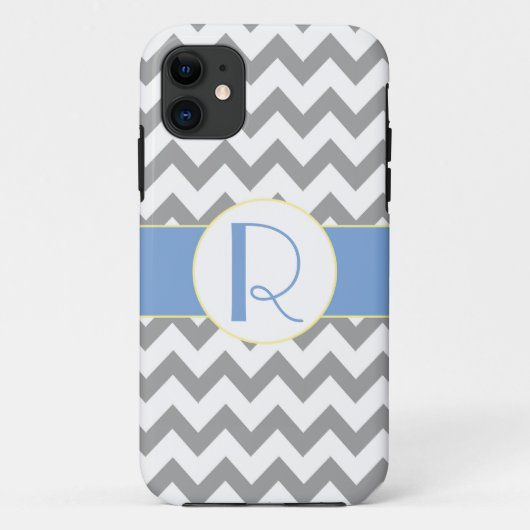 Grijs en lichtblauw Chevron Striped Monogram Case-Mate iPhone Case (Achterkant)