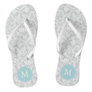 Grijs en lichtblauw Damaskpatroon Monogrammed Teenslippers