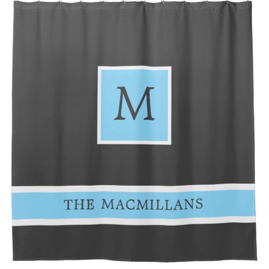 Grijs en lichtblauw monogram met Stripes Shower  Douchegordijn (Voorkant)