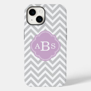 Grijs en lila paarse moderne chevron monogram iPhone 14 hoesje