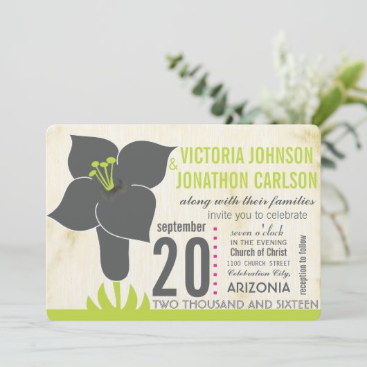 Grijs en Limoen  Modern Lily Wedding Invite Kaart (Staand voorkant)