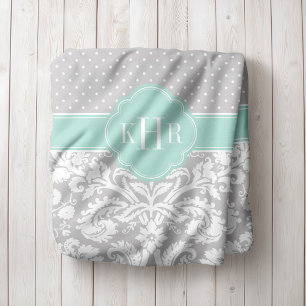 Grijs en Mint Damast Polka Dots Monogram Fleece Deken