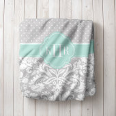 Grijs en Mint Damast Polka Dots Monogram Fleece Deken