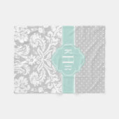Grijs en Mint Damast Polka Dots Monogram Fleece Deken (Voorkant (Horizontaal))