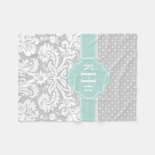 Grijs en Mint Damast Polka Dots Monogram Fleece Deken (Voorkant (Horizontaal))