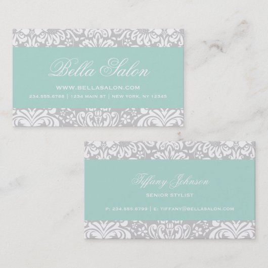 Grijs en Mint Elegant Bloemen Damast Visitekaartje (Voorkant / Achterkant)