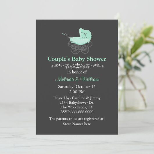 Grijs en Mint Groen  Baby shower van Paar Kaart (Staand voorkant)