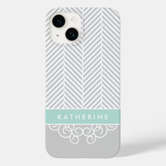 Grijs en Mint Herringbone Swirl Custom Monogram Case-Mate iPhone Case (Achterkant)