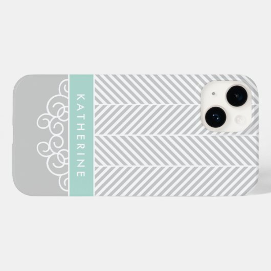 Grijs en Mint Herringbone Swirl Custom Monogram Case-Mate iPhone Case (Achterkant (horizontaal))