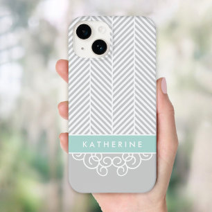 Grijs en Mint Herringbone Swirl Custom Monogram Case-Mate iPhone 14 Hoesje