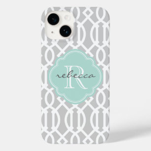 Grijs en Mint Modern Trellis Custom Monogram Case-Mate iPhone Case