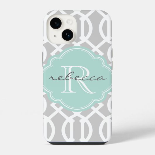 Grijs en Mint Moderne Trellis Aangepast Monogram iPhone Hoesje (Achterkant)