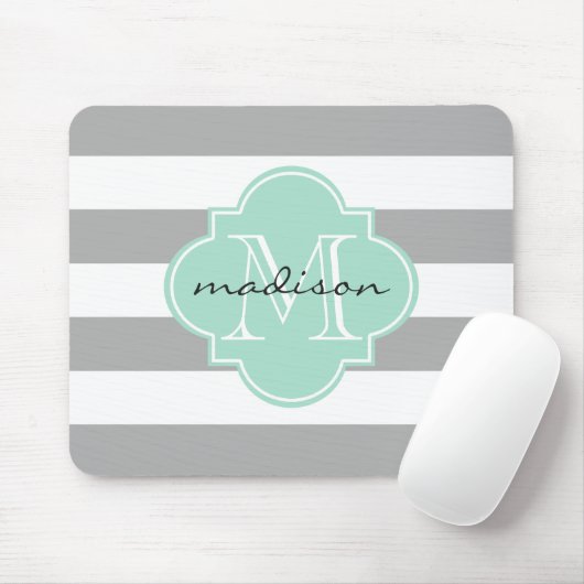 Grijs en Mint Nautische Strepen Custom Monogram Muismat (Met muis)