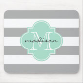 Grijs en Mint Nautische Strepen Custom Monogram Muismat (Voorkant)