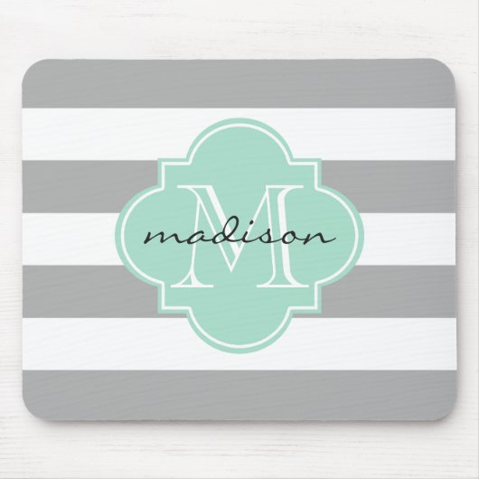 Grijs en Mint Nautische Strepen Custom Monogram Muismat (Voorkant)
