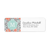 Grijs en Mint Retro Floral Damask Custom Monogram Etiket (Voorkant)