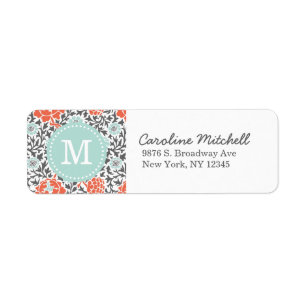 Grijs en Mint Retro Floral Damask Custom Monogram Etiket