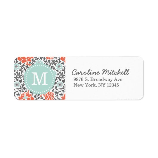 Grijs en Mint Retro Floral Damask Custom Monogram Etiket (Voorkant)