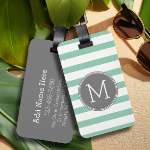 Grijs en Mint Striped Patroon met Monogram Bagagelabel