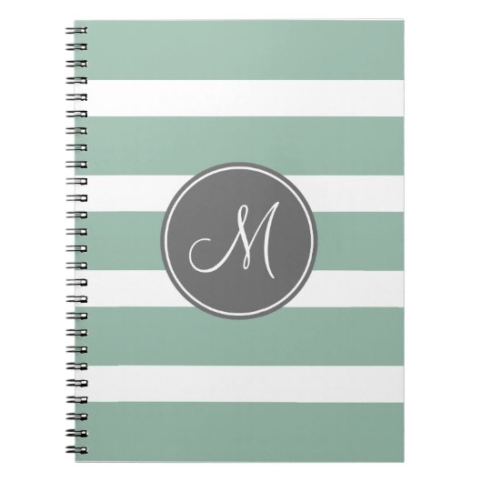 Grijs en Mint Striped Patroon met Monogram Notitieboek (Voorkant)
