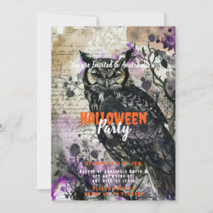 Grijs en Mooie Uil Paarse Halloween Feest Kaart