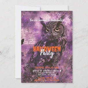 Grijs en Mooie Uil Paarse Halloween Feest Kaart