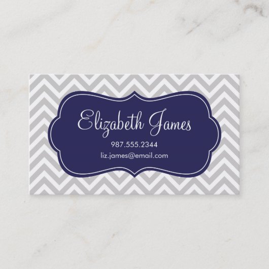 Grijs en Navy Blue Moderne Chevron Stripes Visitekaartje (Voorkant)