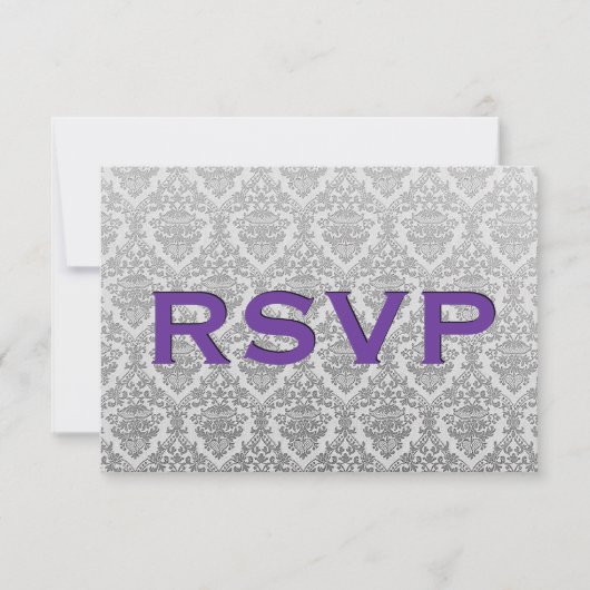 Grijs en Paars RSVP  Damask Wedding Kaartje (Voorkant)