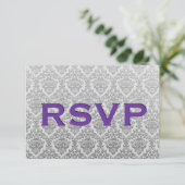 Grijs en Paars RSVP  Damask Wedding Kaartje (Staand voorkant)