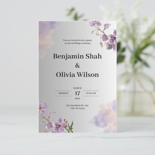 Grijs en Paarse bruiloft Kaart (Staand voorkant)