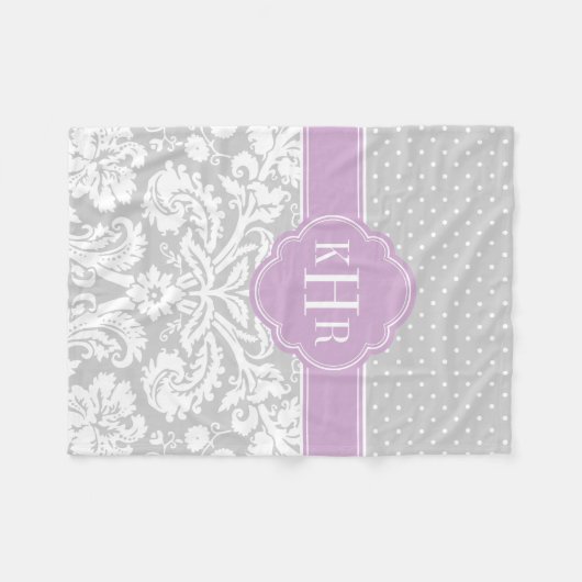 Grijs en Paarse Damast Polka Dots Monogram Fleece Deken (Voorkant (Horizontaal))