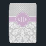 Grijs en Paarse Damast Polka Dots Monogram iPad Mini Cover<br><div class="desc">Het stijlvolle,  stijlvolle iPad-hoesontwerp is voorzien van een mix van preppy polka-stippen en elegante  damastpatronen,  gepersonaliseerd met uw monogram-initialen of naam in een quatrefoil-lijst. Klik op Aanpassen om monogram lettertype en kleuren te wijzigen in creëer uw eigen unieke een van een soort ontwerp!</div>