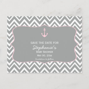 Grijs en pastel Roze Chevron Nautisch Baby shower Aankondigingskaart
