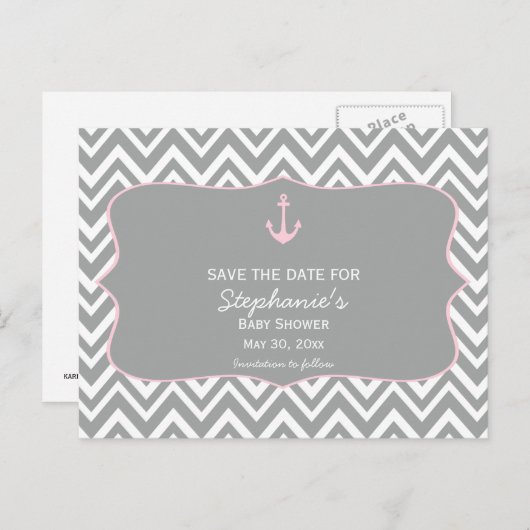 Grijs en pastel Roze Chevron Nautisch Baby shower Aankondigingskaart (Voorkant / Achterkant)