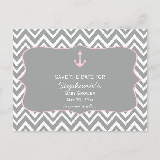 Grijs en pastel Roze Chevron Nautisch Baby shower Aankondigingskaart (Voorkant)