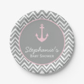 Grijs en pastel Roze Chevron Nautisch Baby shower Papieren Bordje (Voorkant)
