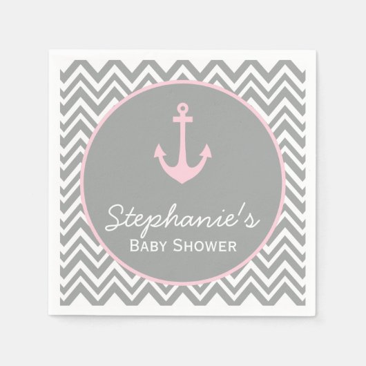 Grijs en pastel Roze Chevron Nautisch Baby shower Servetten (Voorkant)