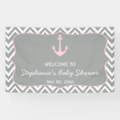 Grijs en pastel Roze Chevron Nautisch Baby shower Spandoek (Horizontaal)