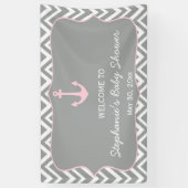 Grijs en pastel Roze Chevron Nautisch Baby shower Spandoek (Verticaal)