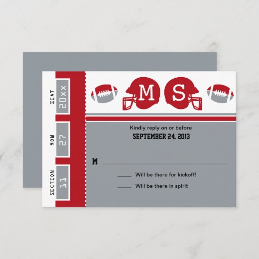 Grijs en rood Football Ticket Wedding RSVP (Voorkant / Achterkant)