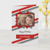 Grijs en rood foto en naam van kinderen kaart (Gele Bloem)