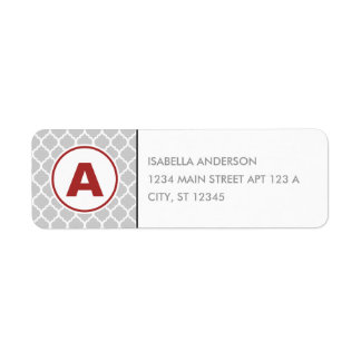 Grijs en Rood Quatrefoil Monogram Etiket