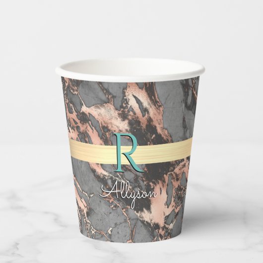 Grijs en Roos Gold Marble, Gold Bar, naam en monog Papieren Bekers (Voorkant)
